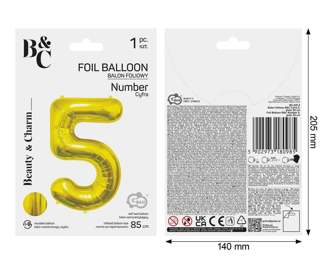 Foil Balloon B&C Number 5, Gold, 85 cm